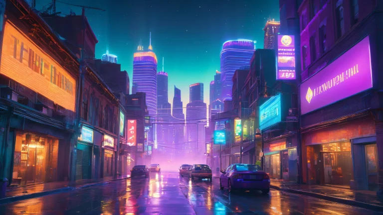 Illuminated urban landscape on desktop/pc with towering skyscrapers and city streets at night.