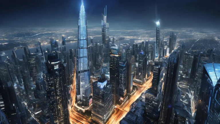 Breathtaking nighttime cityscape of skyscrapers on a dark background with subtle lighting for desktop or PC use.