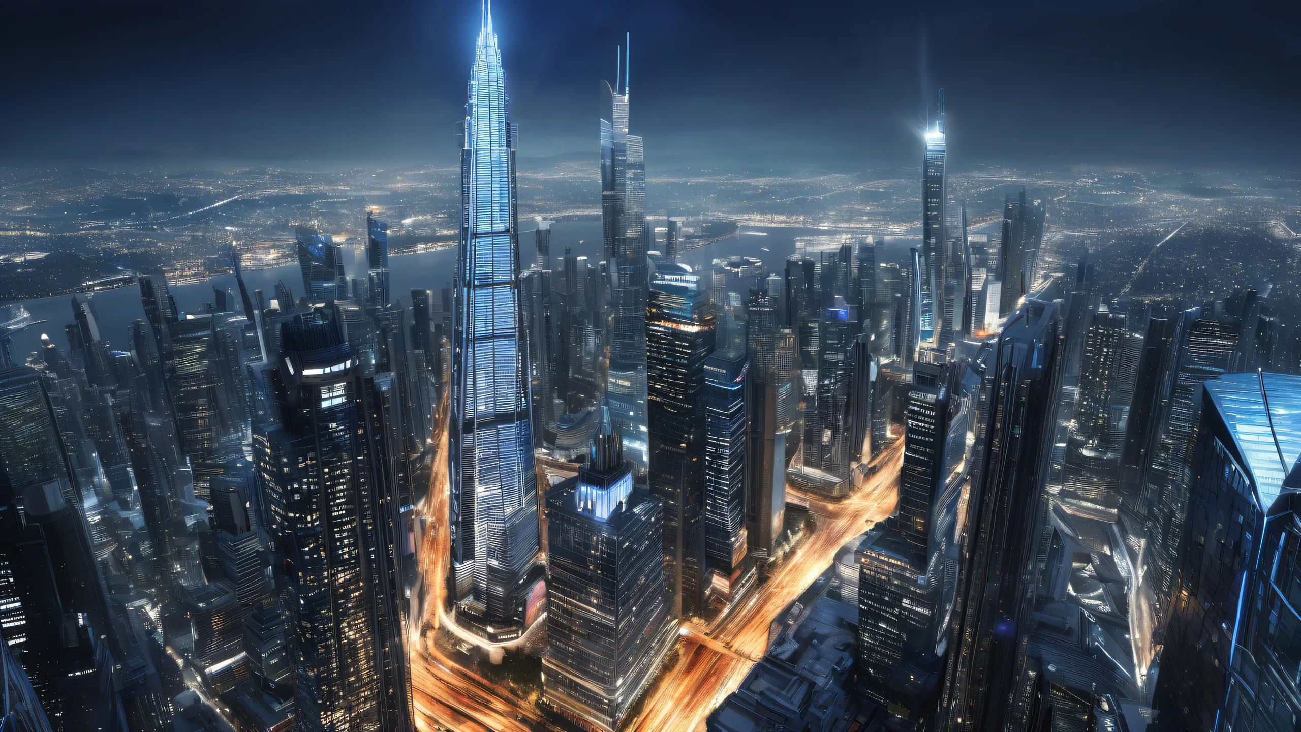 Breathtaking nighttime cityscape of skyscrapers on a dark background with subtle lighting for desktop or PC use.