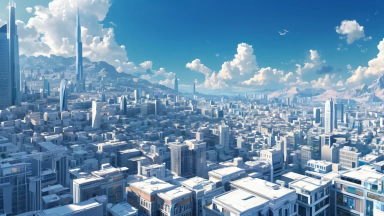 Breathtaking urban landscape for Desktop/PC featuring deep blues and soft whites, with extreme depth of field and ethereal lighting.