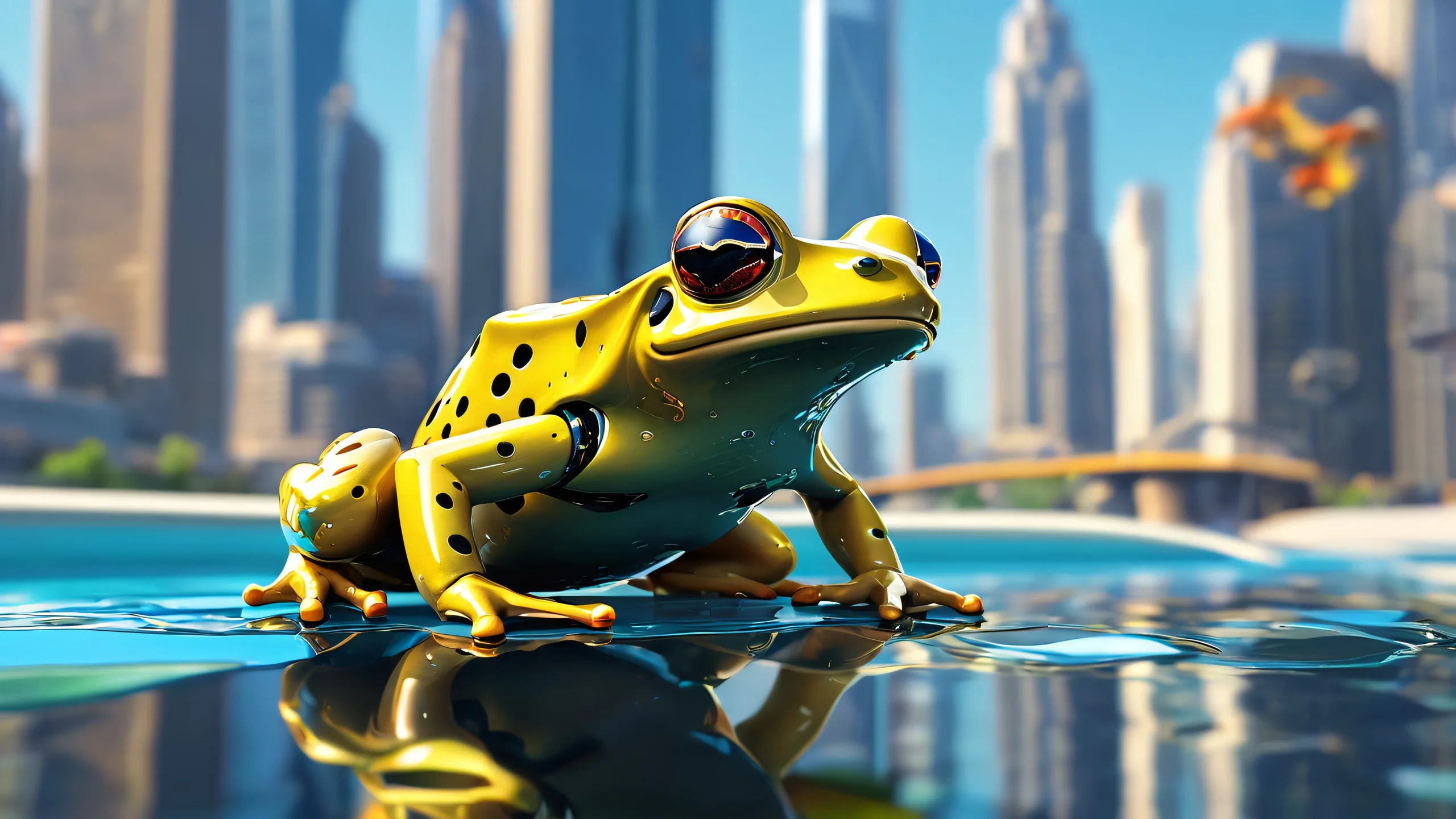 4K Ethereal Cityscape on Void Desktop Backgroundデスクトップ/PC ユーザーに最適 Breathtaking desktop wallpaper of Mechanical Frog set against a vast pure void with modern city skyline and water's edge, perfect for Desktop/PC users.