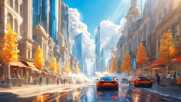 A stunning daytime cityscape desktop wallpaper with radiant sunlight and smoke on a futuristic urban landscape, accessible for Desktop/PC users.