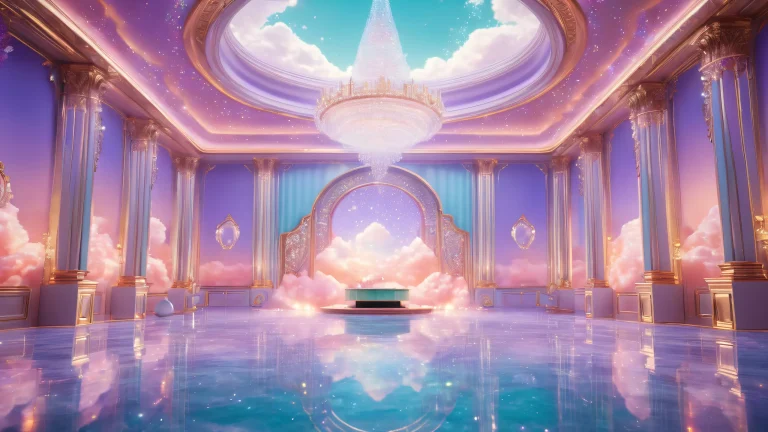 A mystical concert hall on desktop/pc with swirling clouds and glowing orbs.