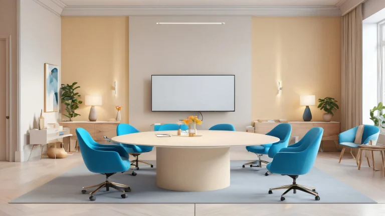 A beautifully rendered virtual conference room for a desktop or PC, featuring 3D characters with bold lines and vibrant colors.