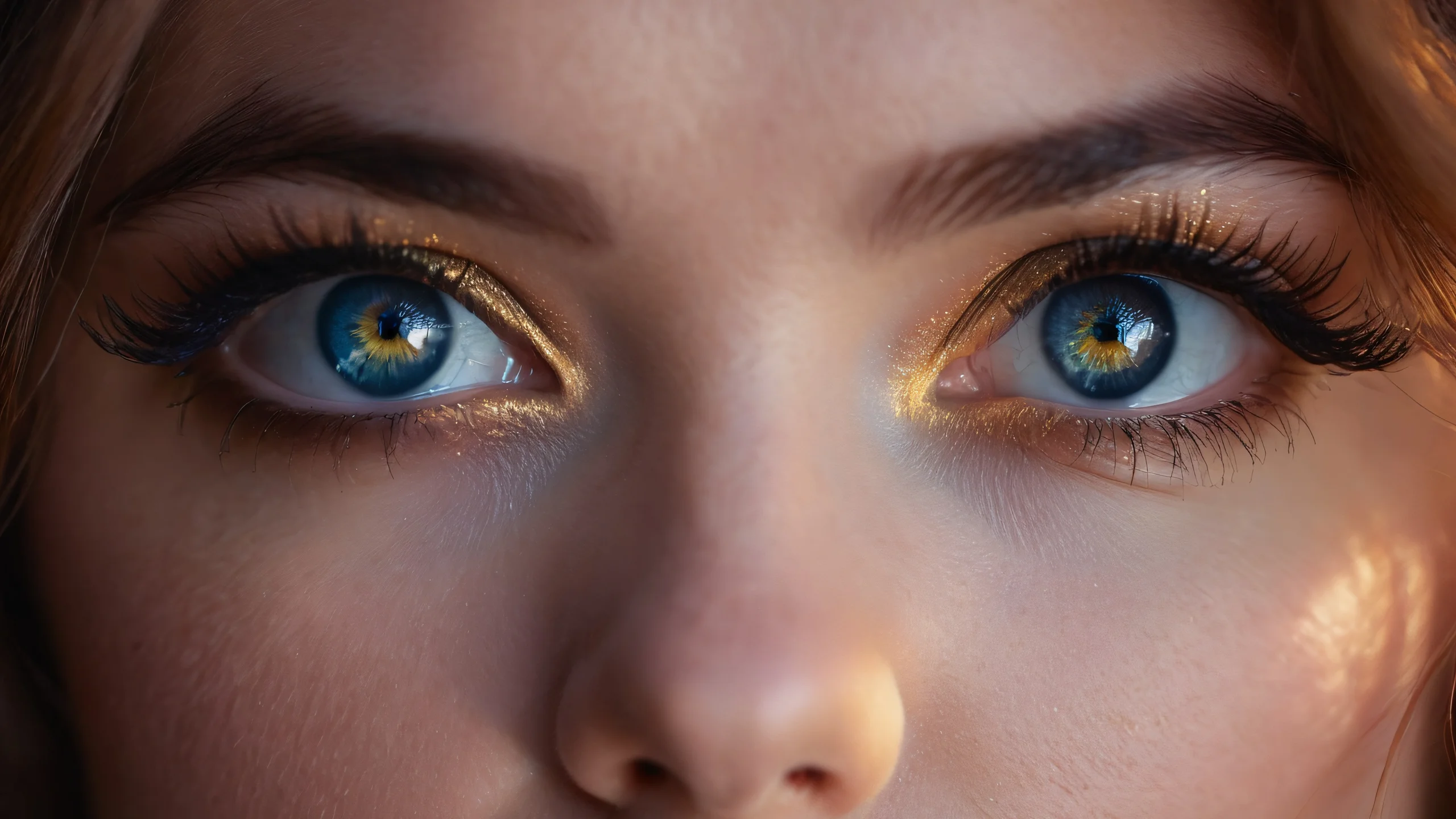 Breathtaking desktop wallpaper featuring volumetric hair simulation with intricate eye details, set against a deep space background with extreme depth of field and creamy bokeh.