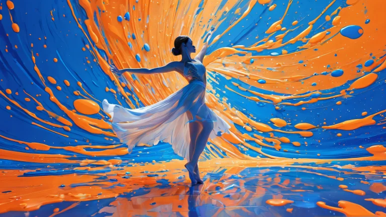 A vibrant desktop background featuring a dancer against a pure void backdrop with blue and orange paint splatters, perfect for your PC or Desktop.