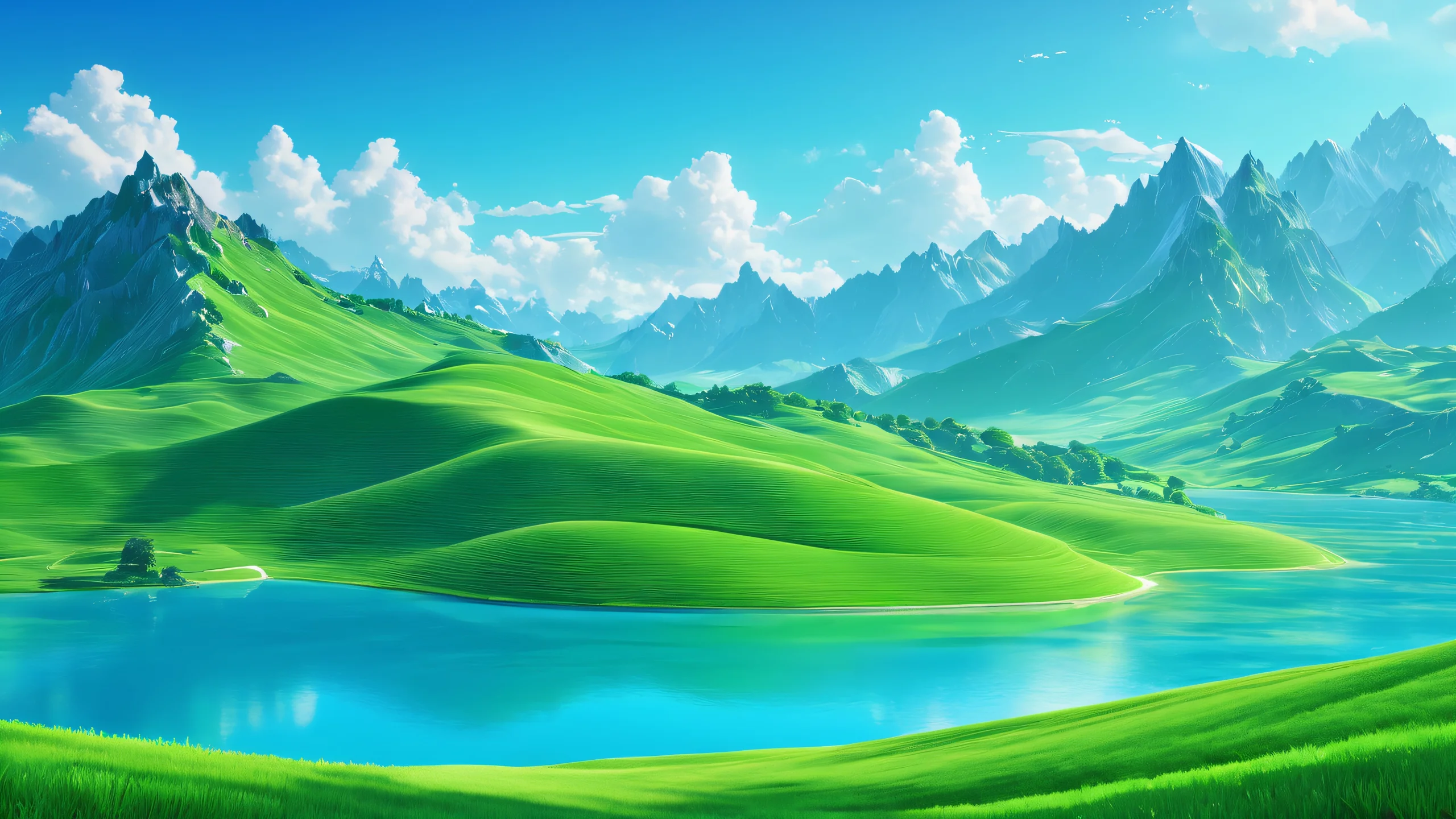 A serene, abstract landscape of dawn's soft light amidst lush greenery and vibrant blue hues.