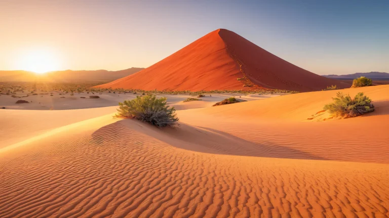 Majestic cinder cone with symmetrical shape and subtle glow, set amidst desert landscape with sand dunes and juniper trees. Perfect for desktop/pc.