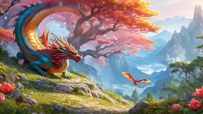A stunning desktop wallpaper featuring a majestic dragon set amidst a mystical forest at dawn/dusk, Perfekt für Ihren PC oder Desktop.