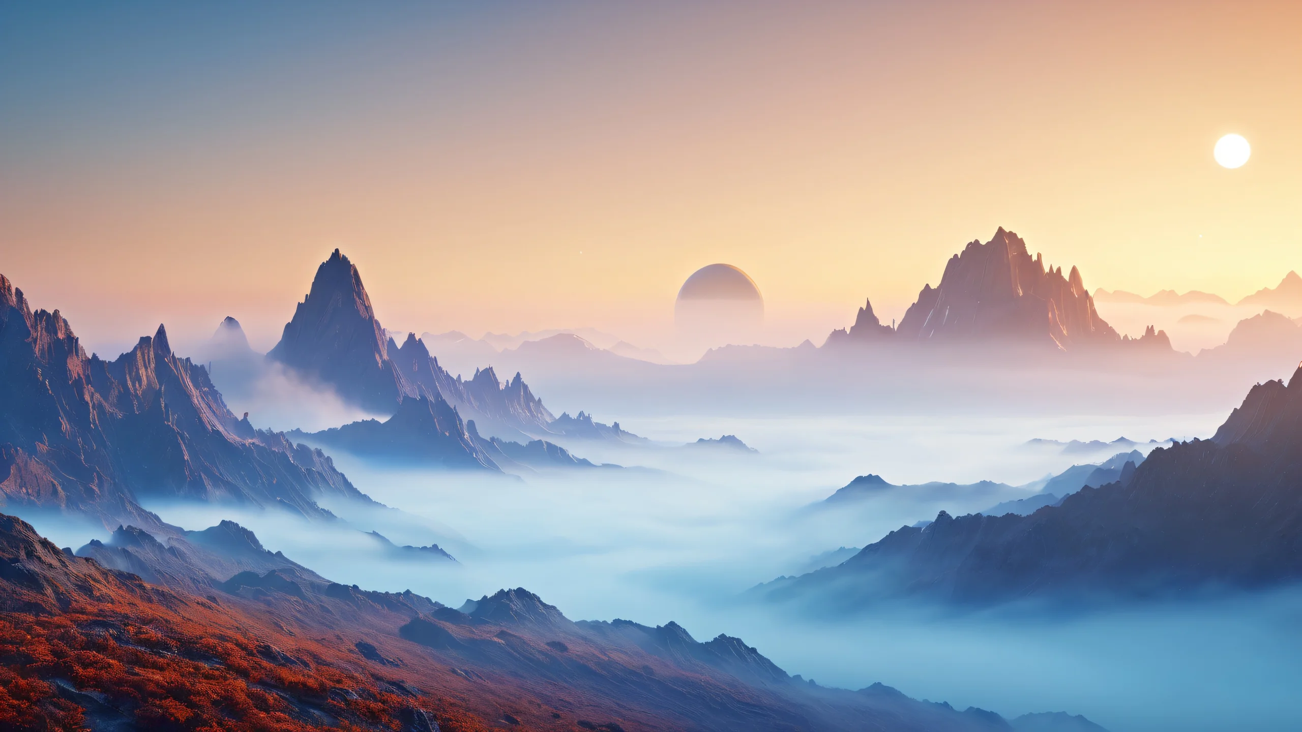 Ethereal Earthly Odyssey 4K UHD Widescreen A stunning CGI landscape of Planet with deep blues and earth tones, featuring foggy mountains and glowing ambiance.