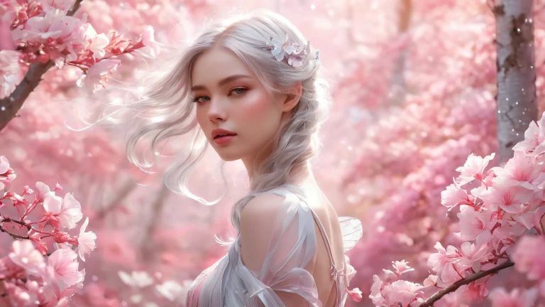 A radiant female form stands amidst a magical forest garden, surrounded by shimmering silver and pastel pink hues. Ideal for desktop or PC.