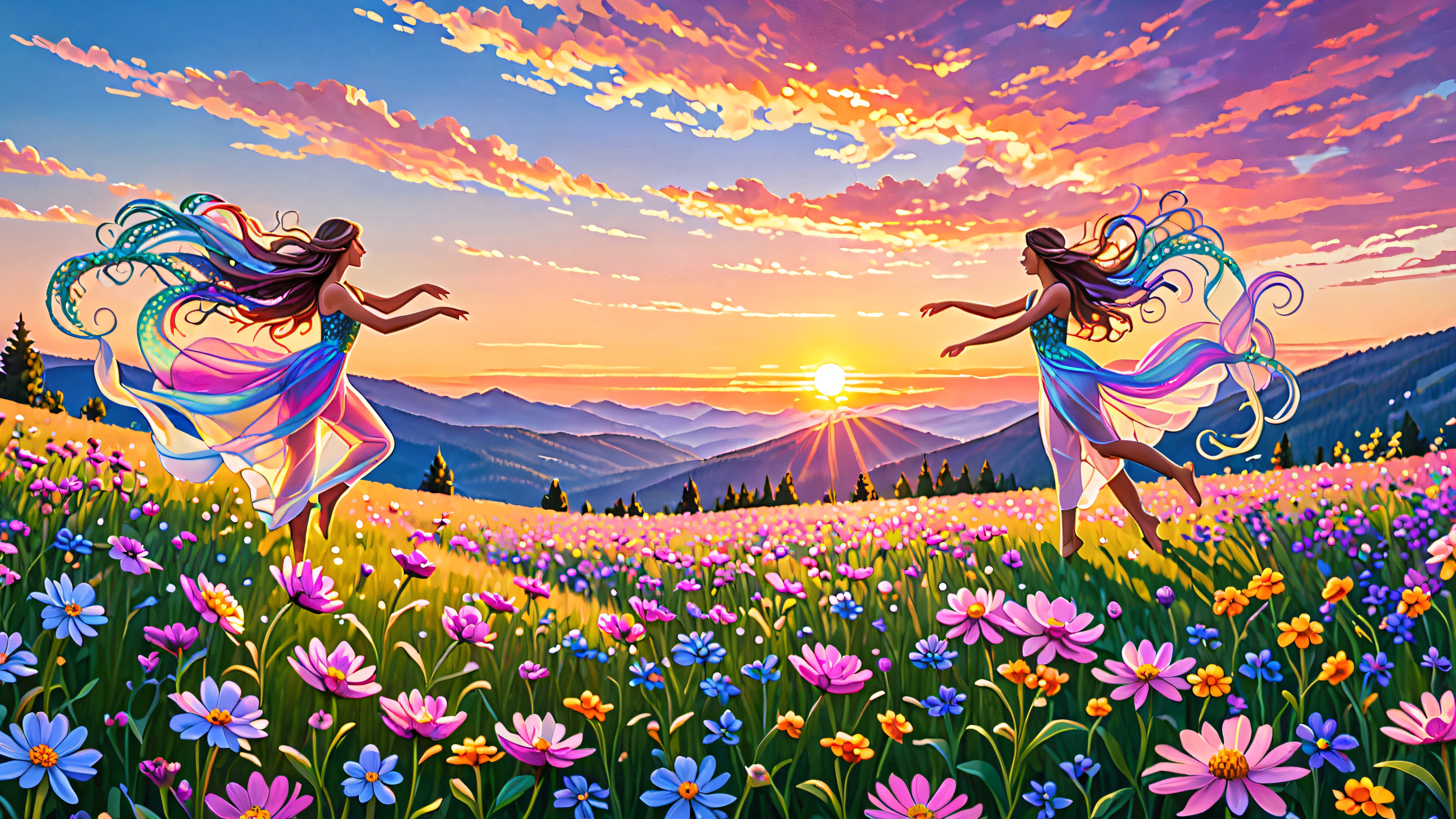 Delicate, iridescent fabric creatures dance in a whimsical meadow at sunset, with wildflowers and distant mountainside range.
