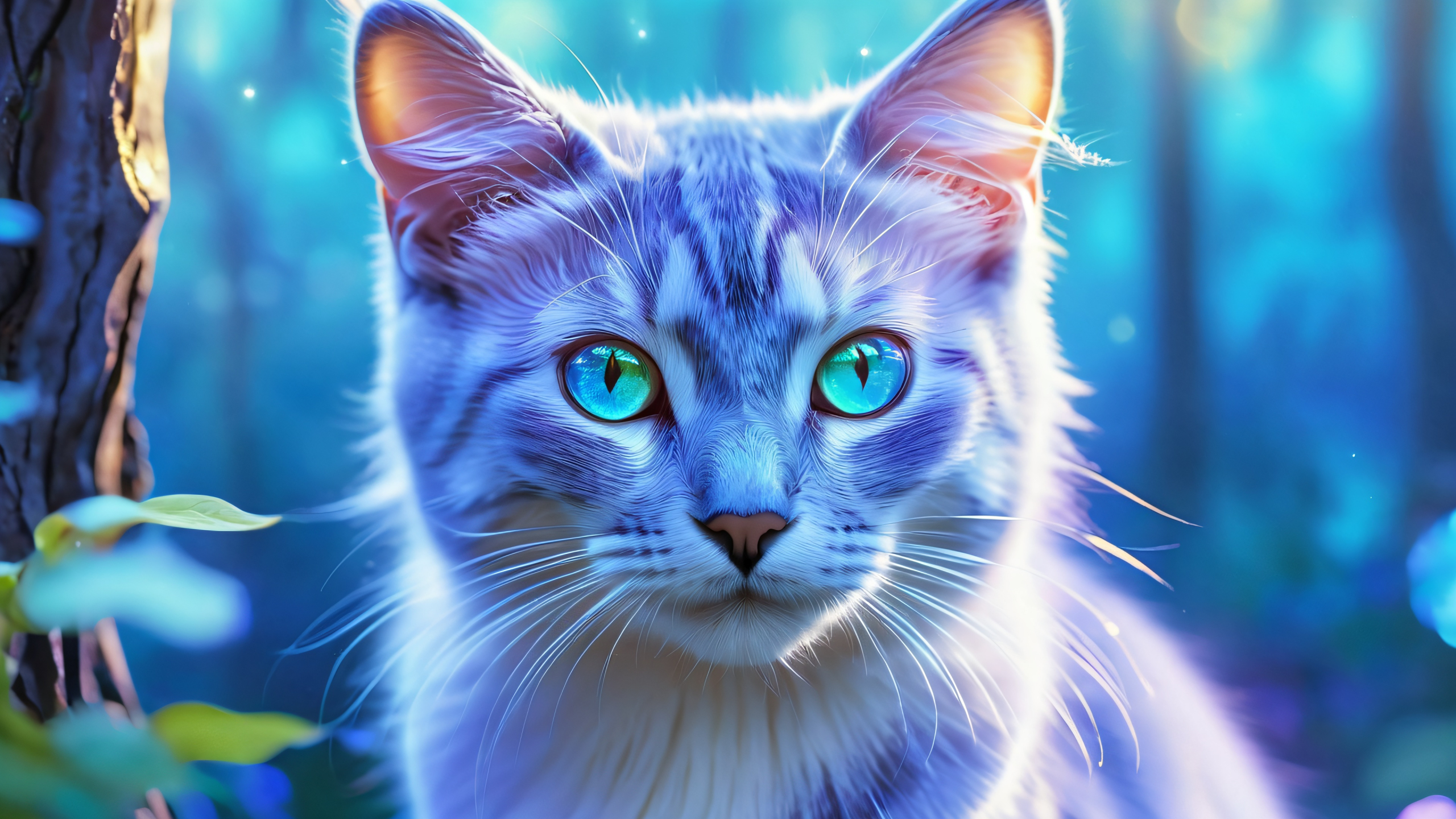 Ultra HD Ethereal Feline Sanctuary Wallpaper A serene cat with glowing gemstone piercings on a mystical forest desktop/pc background.
