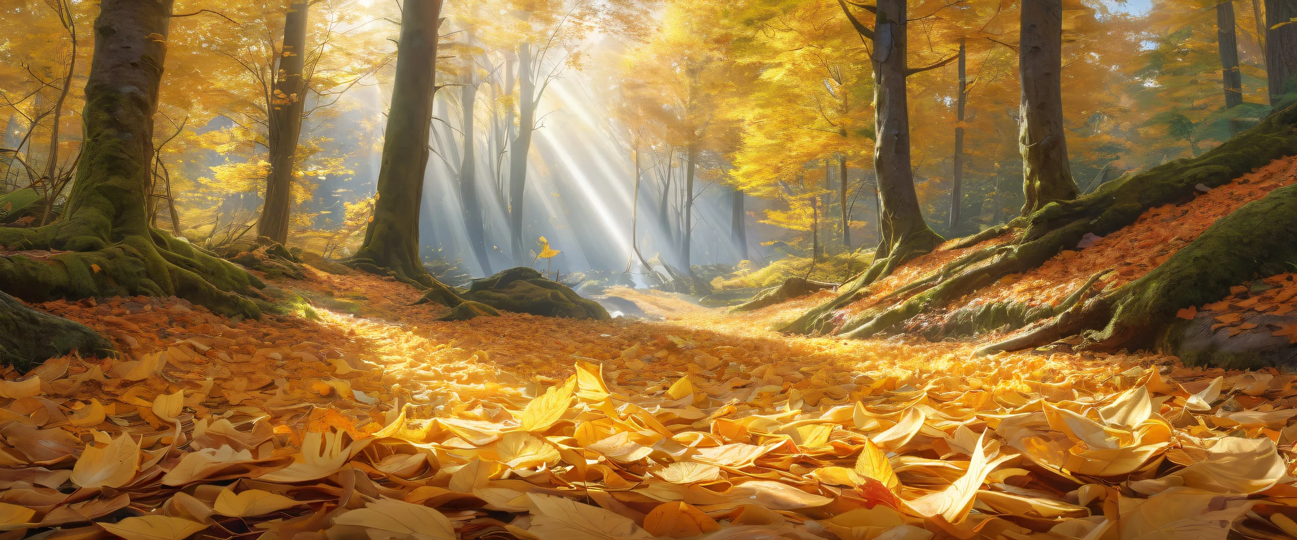 Ultra HD Ethereal Forest Floor Awakening Wallpaper Breathtaking desktop wallpaper of fallen leaves and forest floor with soft golden light and intricate details.