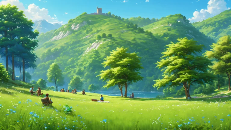 Colorful fantasy landscape with people and nature in harmony