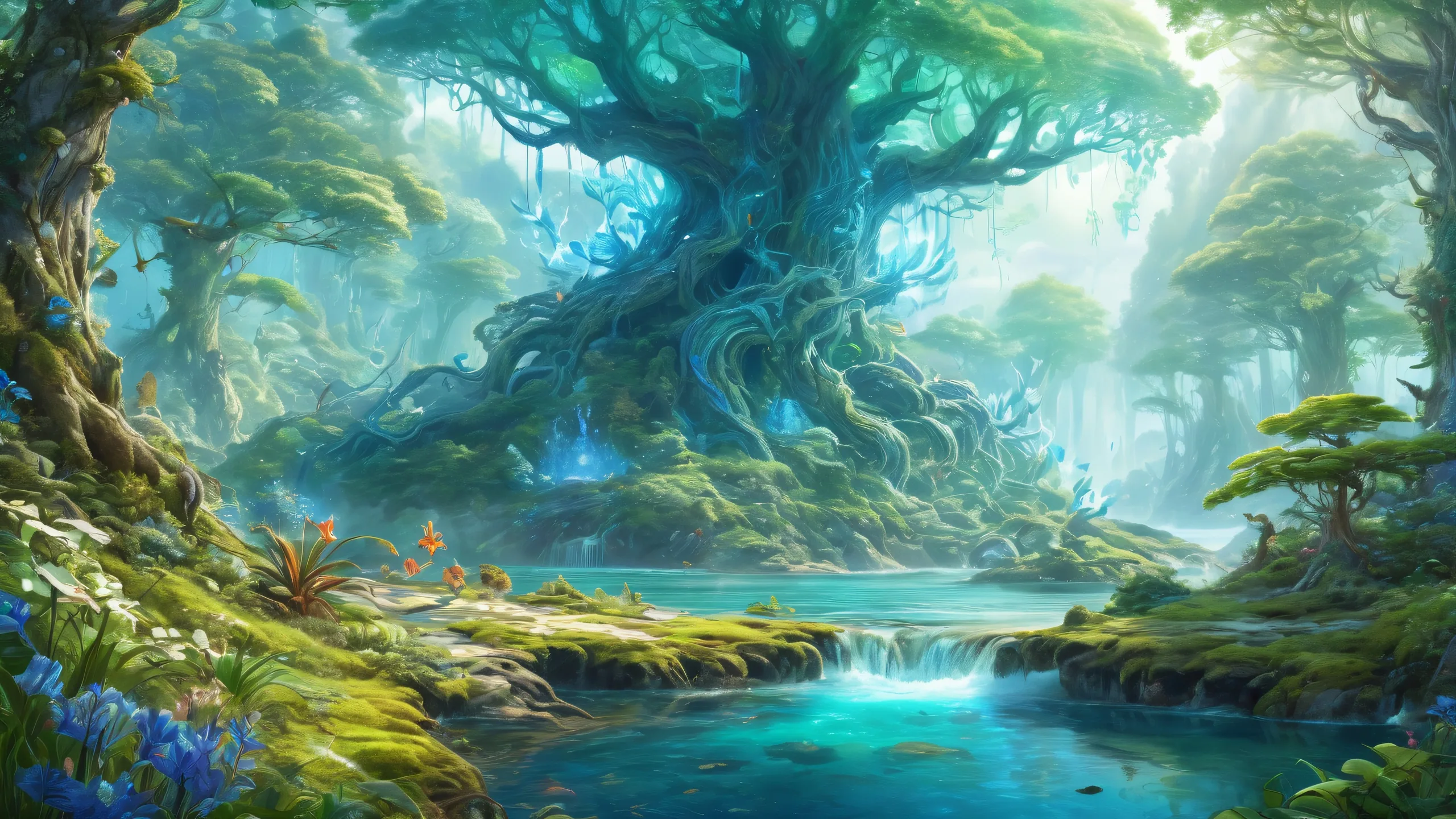 Ultra HD Ethereal Forest Realm Wallpaper A serene desktop wallpaper featuring mystical creatures amidst a breathtaking forest landscape, perfect for your PC or Desktop.