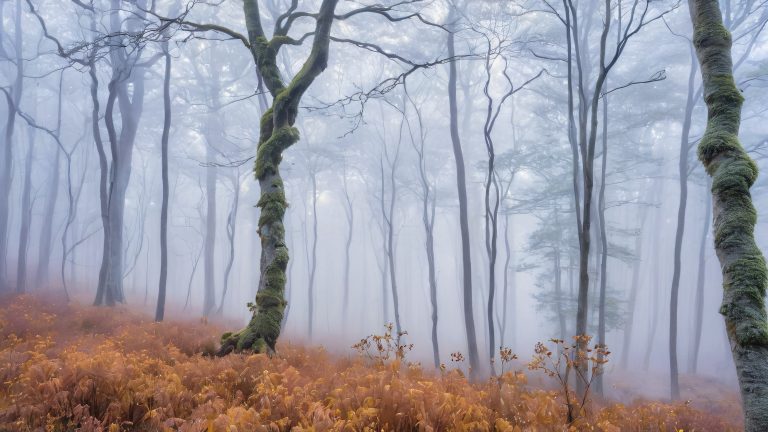 papel tapiz de bosque etéreo, árboles caprichosos y claros brumosos a escala