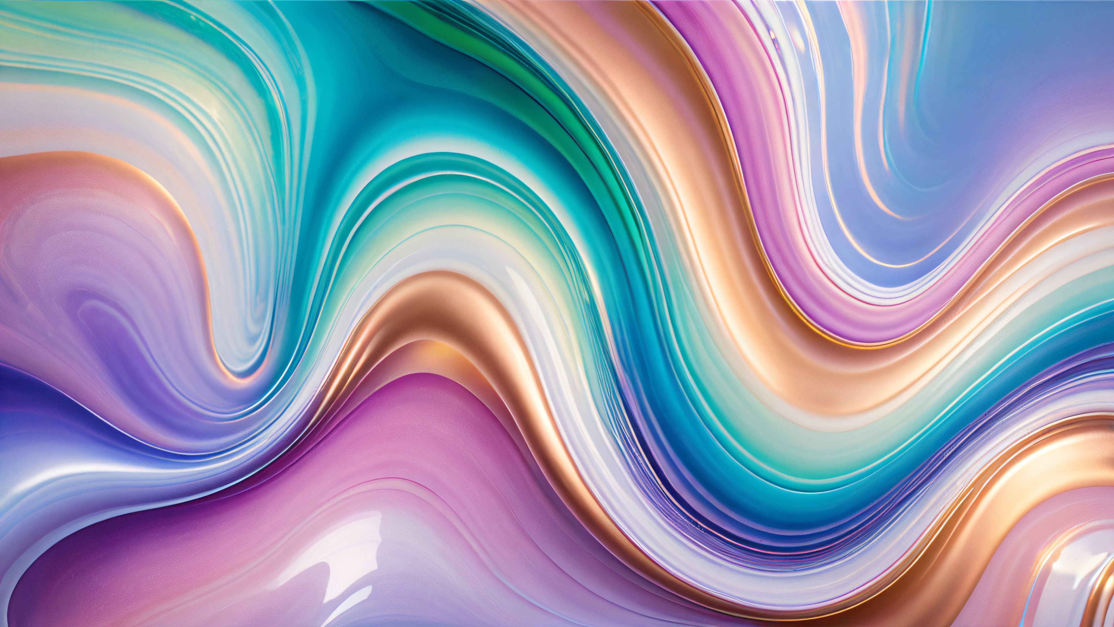 Vibrant iridescent glass waves with microscopic imperfections and inclusions on a white noise background, featuring soft illumination and dreamlike atmosphere.