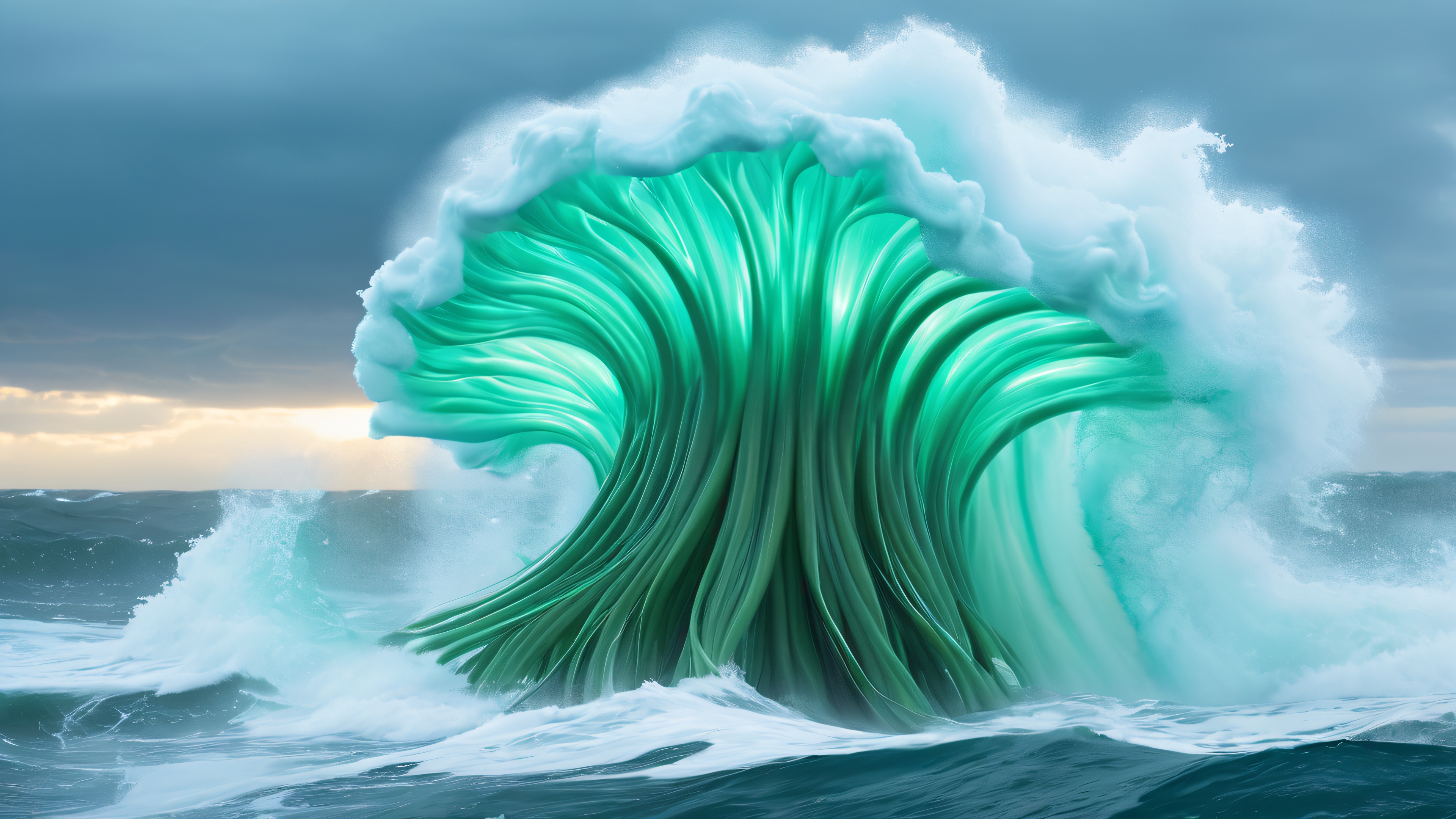 A giant, pulsing squid-like god rises from the stormy ocean, illuminated by lightning and surrounded by churning waves and twisted tentacles.