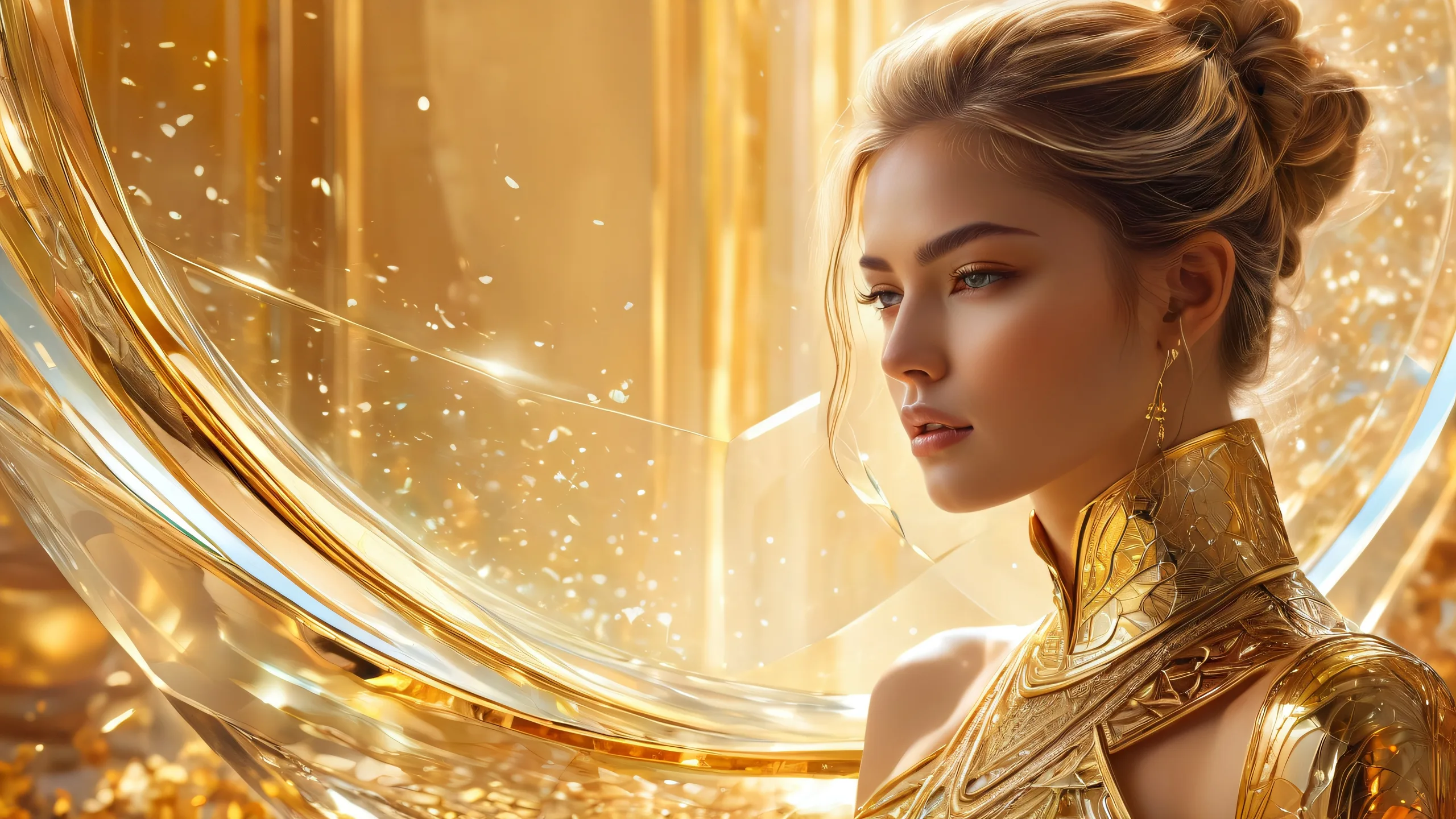Ethereal Goddess Amidst Radiant Aurora Aesthetic PC Wallpaper A prestigious woman surrounded by a breathtaking aurora borealis on a luxurious gold-trimmed desktop, suitable for PC or laptop.