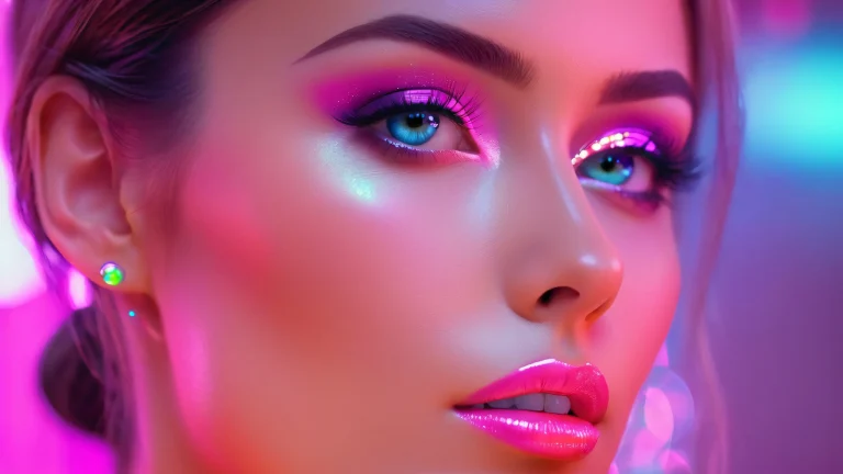 A beautiful woman surrounded by subtle hints of illumination, with touches of neon and ethereal hues.
