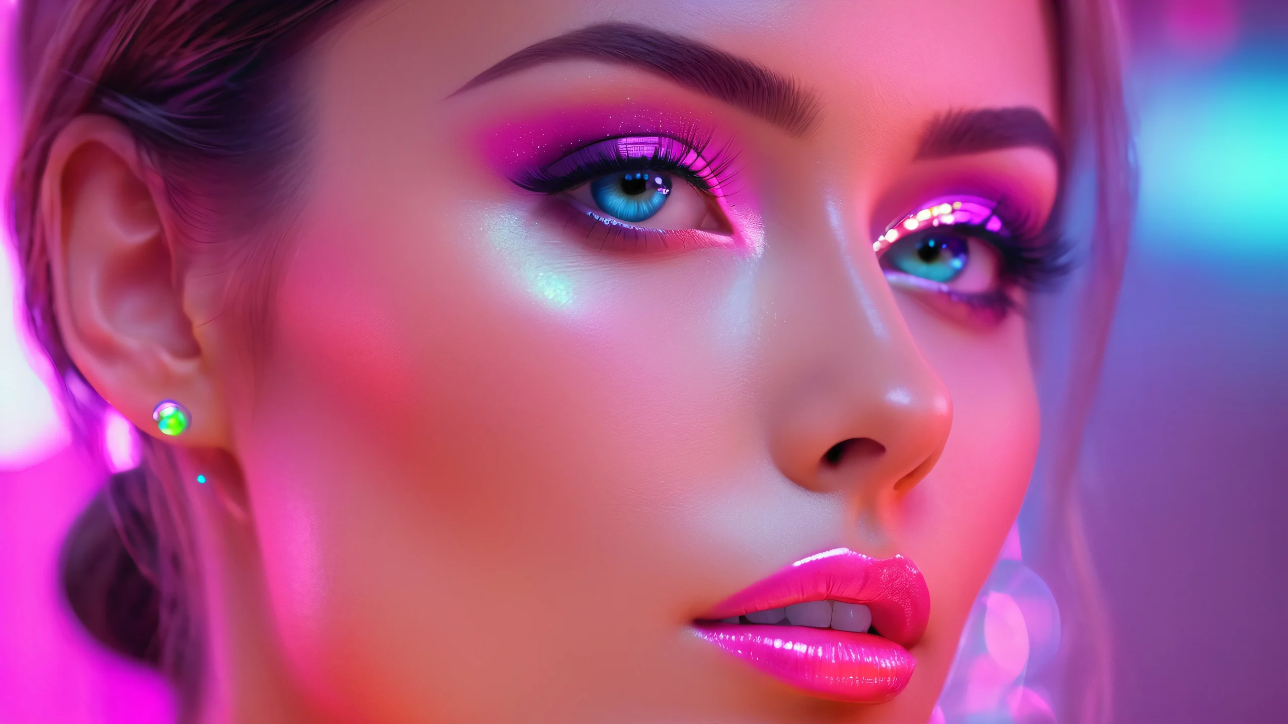 A beautiful woman surrounded by subtle hints of illumination, with touches of neon and ethereal hues.