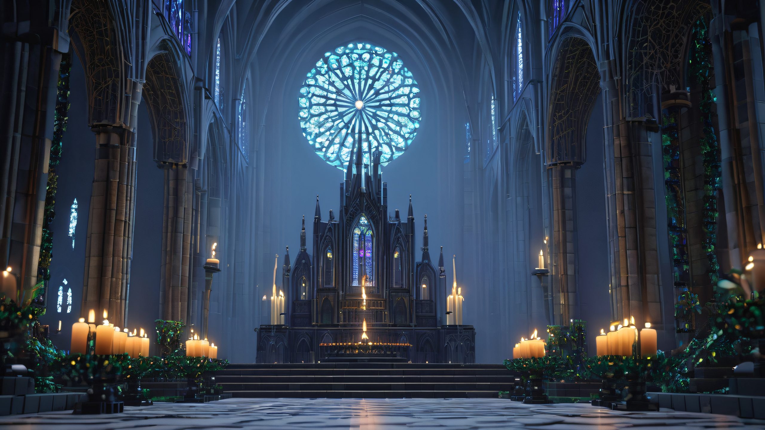 Dark, mystical goth-inspired Lego creation of a cathedral on a dark blue-gray moonlit background with candles, thorny vines, and skeletal figures, suitable for desktop/pc