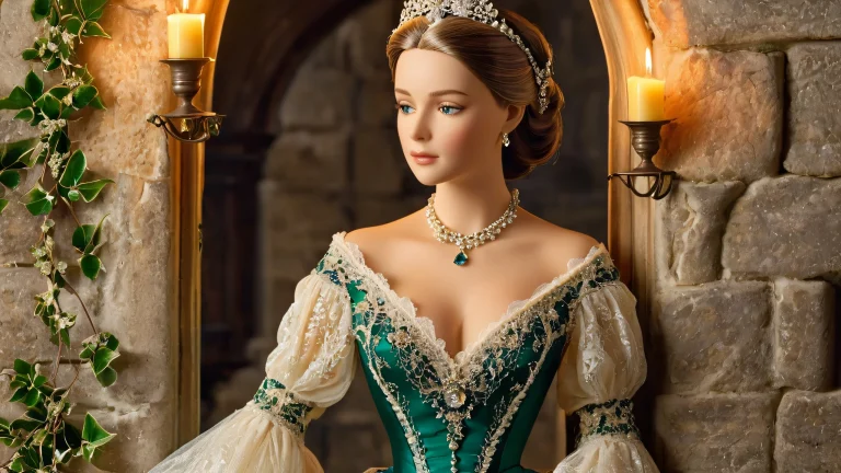 Mysterious figure in Victorian-era ballgown stands amidst crumbling stone walls and eerie mistletoe for desktop/pc use.