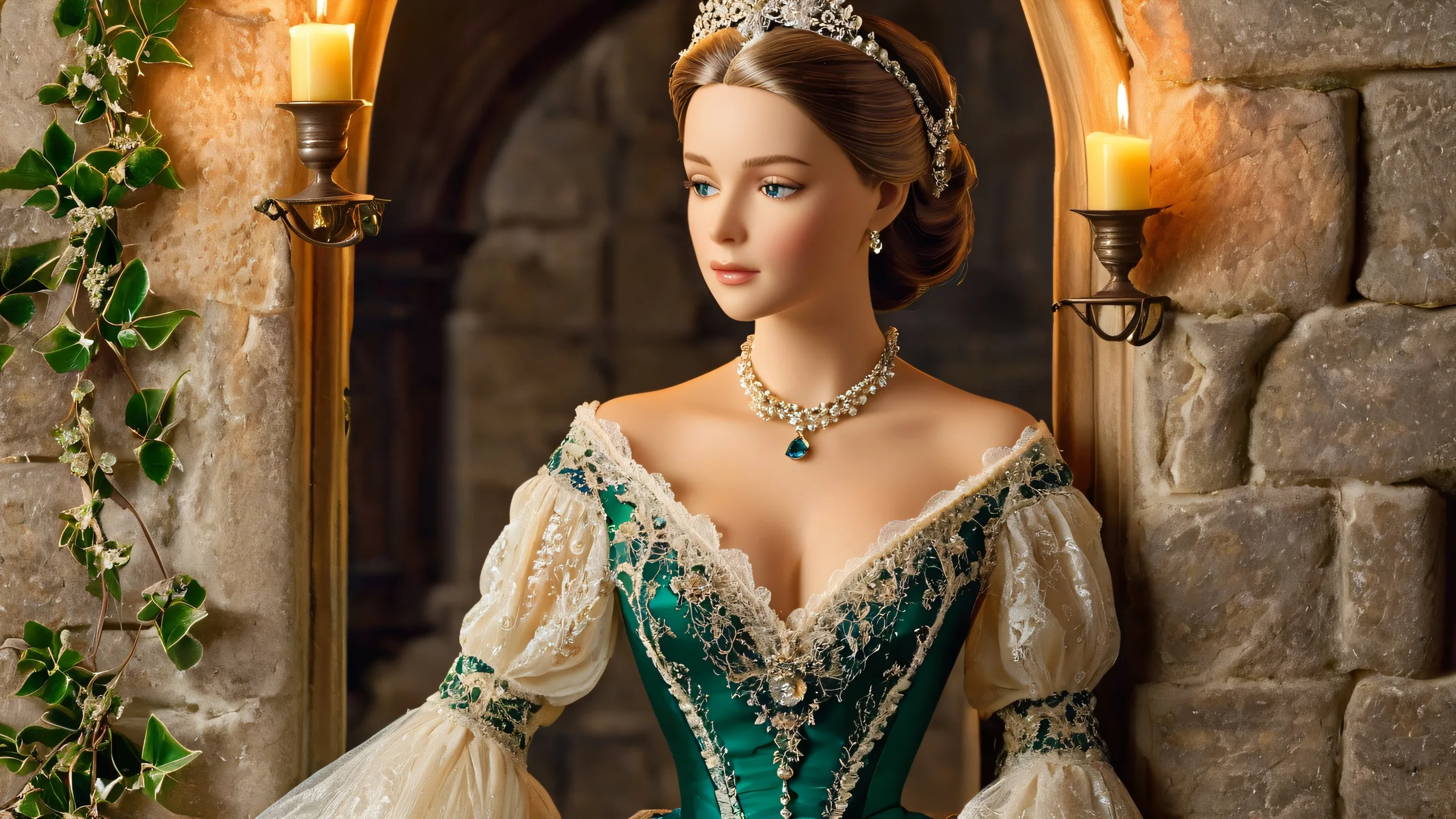 Epic Ethereal Gothic Muse 4K Desktop Wallpaper Mysterious figure in Victorian-era ballgown stands amidst crumbling stone walls and eerie mistletoe for desktop/pc use.