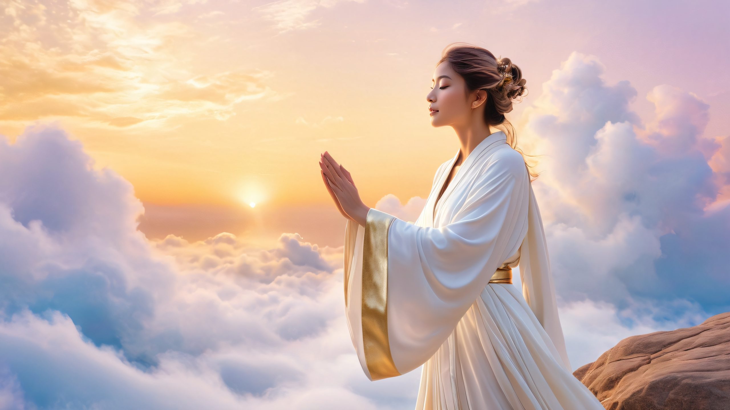 A mystical desktop background of a young adult in a flowing white robe, standing on a rocky outcropping, with a resolute expression and golden light, suitable for PC or desktop use.
