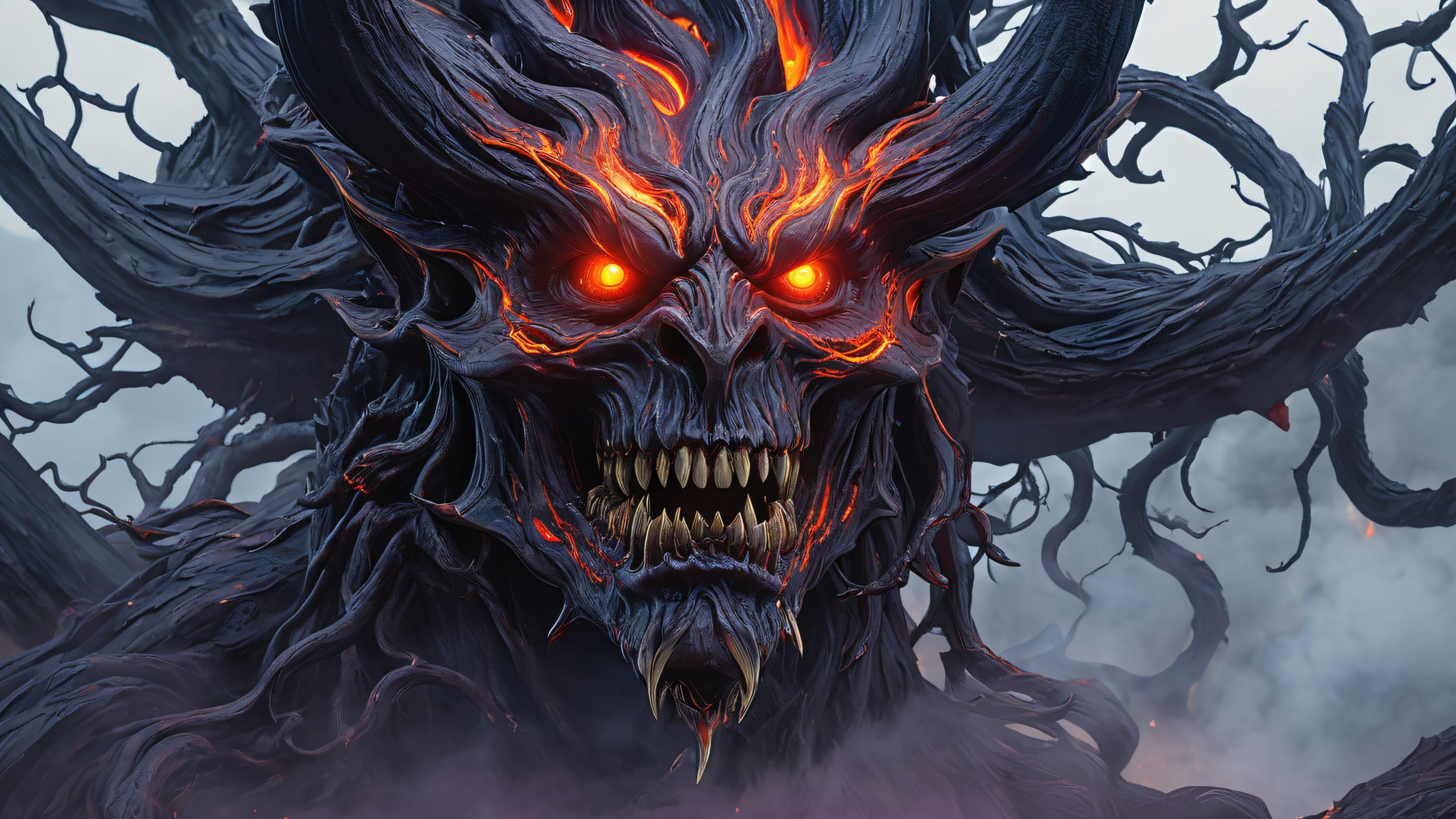 A haunting illustration of a demon's face on a dark desktop/PC background, surrounded by mystical elements.