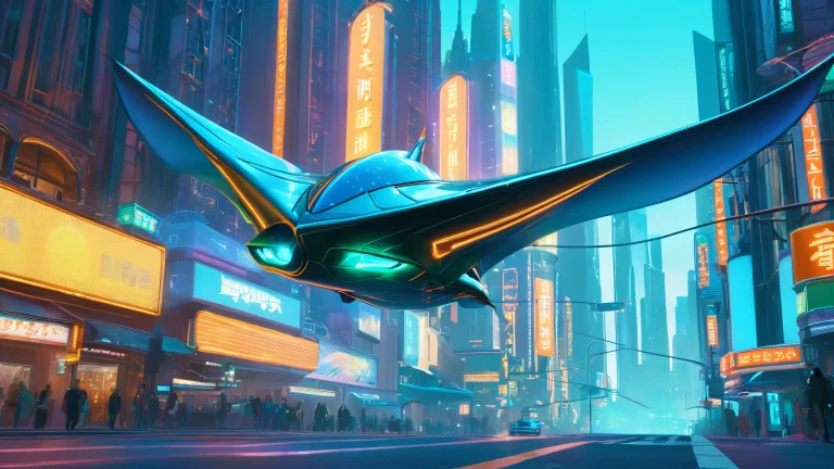 A majestic hyper manta soars through a futuristic cityscape on your desktop/pc with bioluminescent fins glowing blue-green.