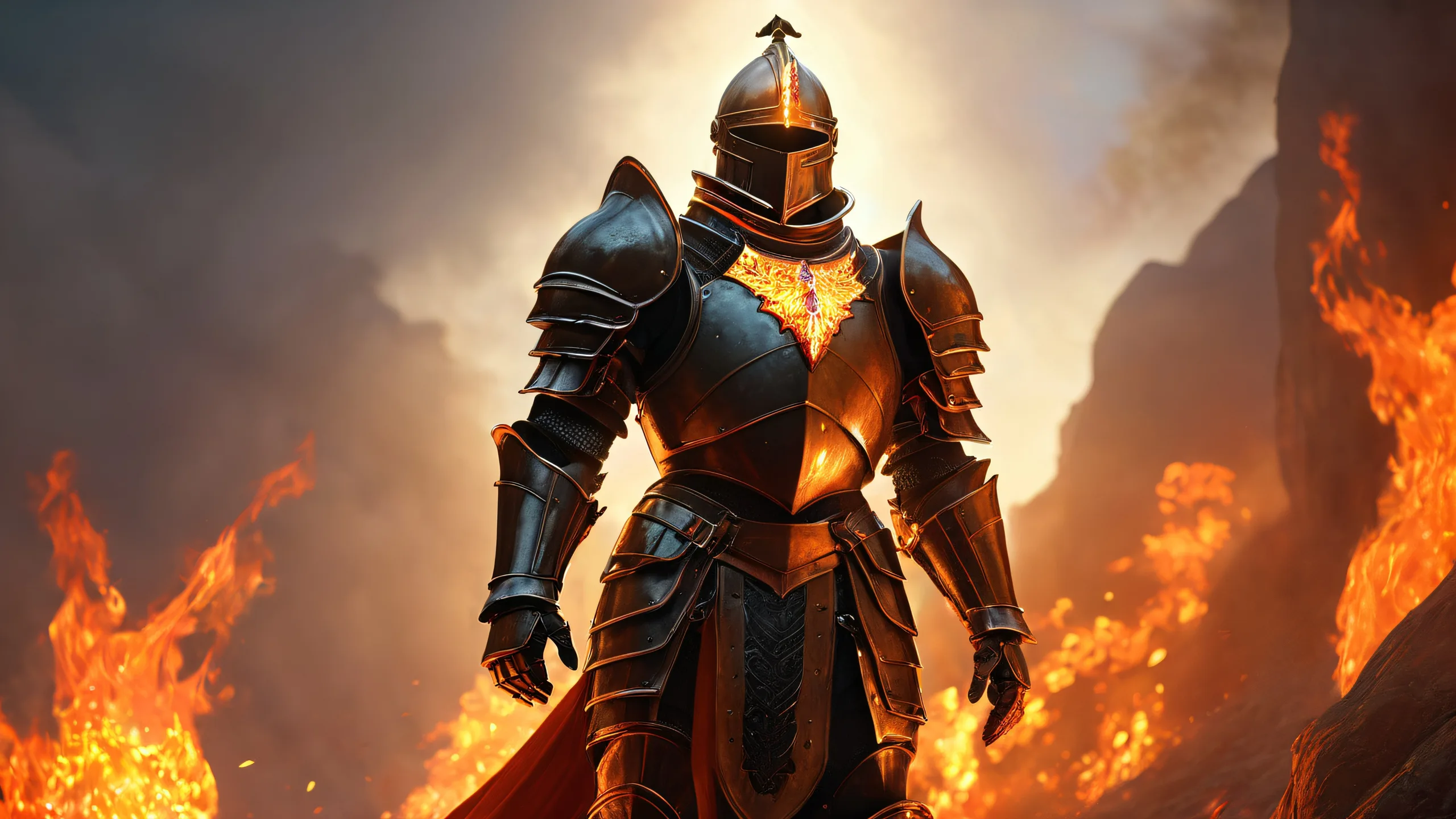 4K Ethereal Knight's Ominous Vigil Desktop Background A towering knight gazes out into the darkness with eyes aglow like embers, surrounded by eerie green glow on a dark indigo background for Desktop/PC.