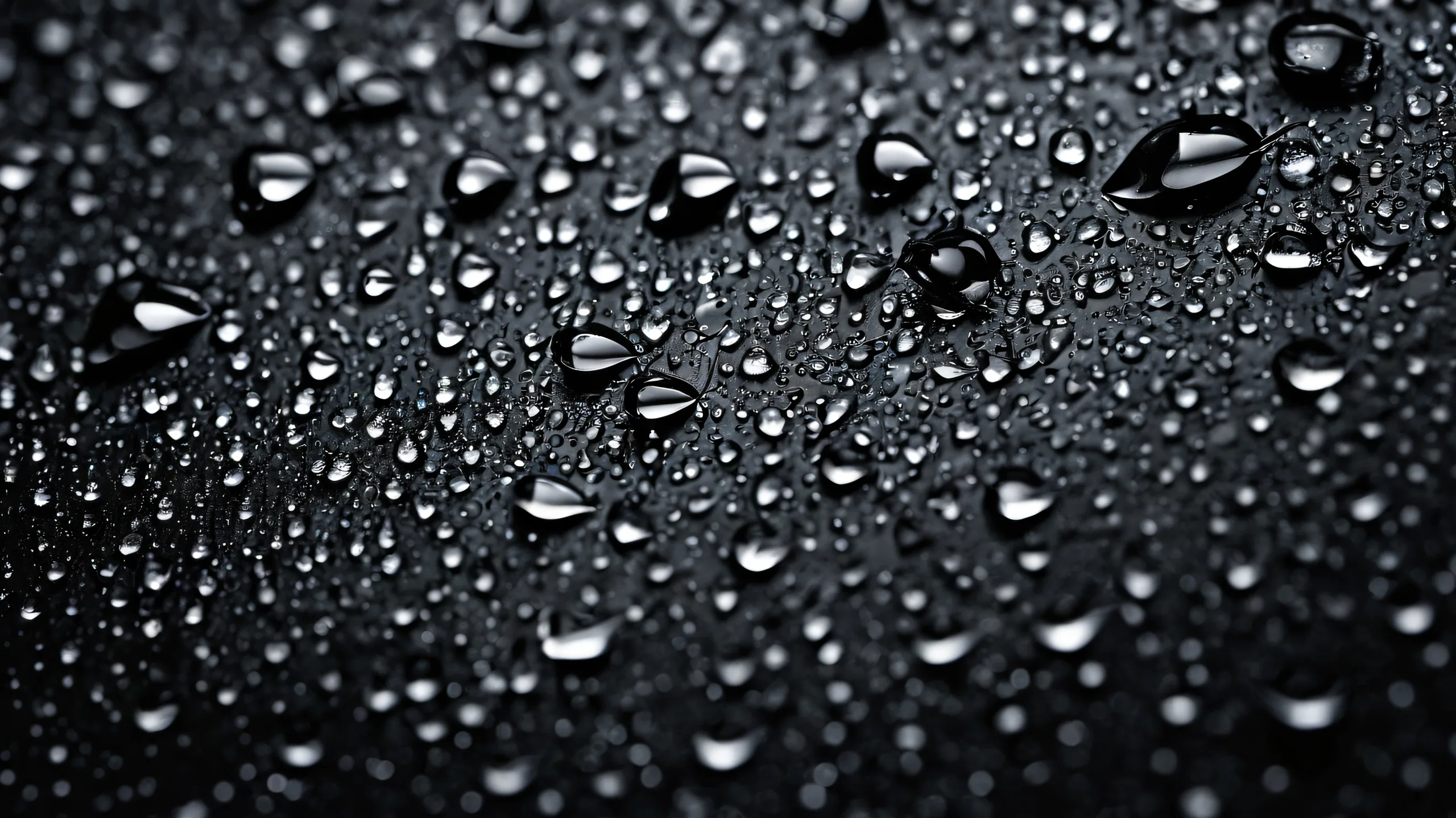 A serene desktop wallpaper featuring leaves and water drops on a deep pure void with extreme depth of field, highlighting the texture and dimensionality of the subject. Suitable for Desktop/PC.