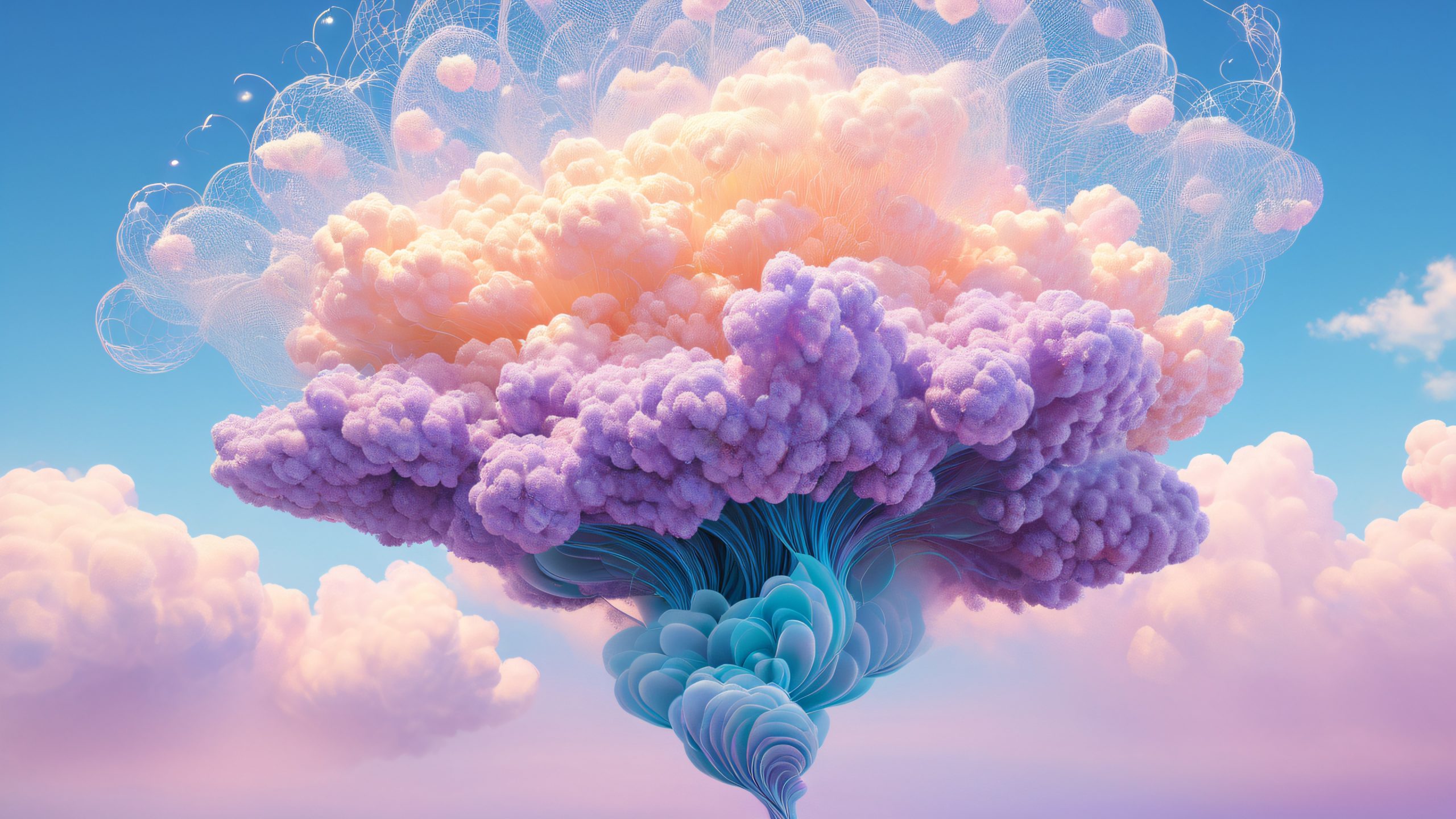 4K Ethereal Lightweave Wallpaper for PC/Mac 3D mesh structure with intricate tendrils and patterns in soft pastel hues and misty clouds against a deep blue sky.