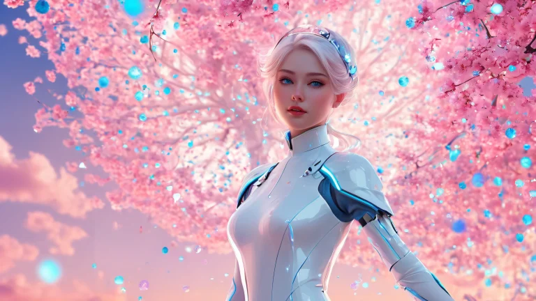 A futuristic maiden floating in a pure void on desktop/pc