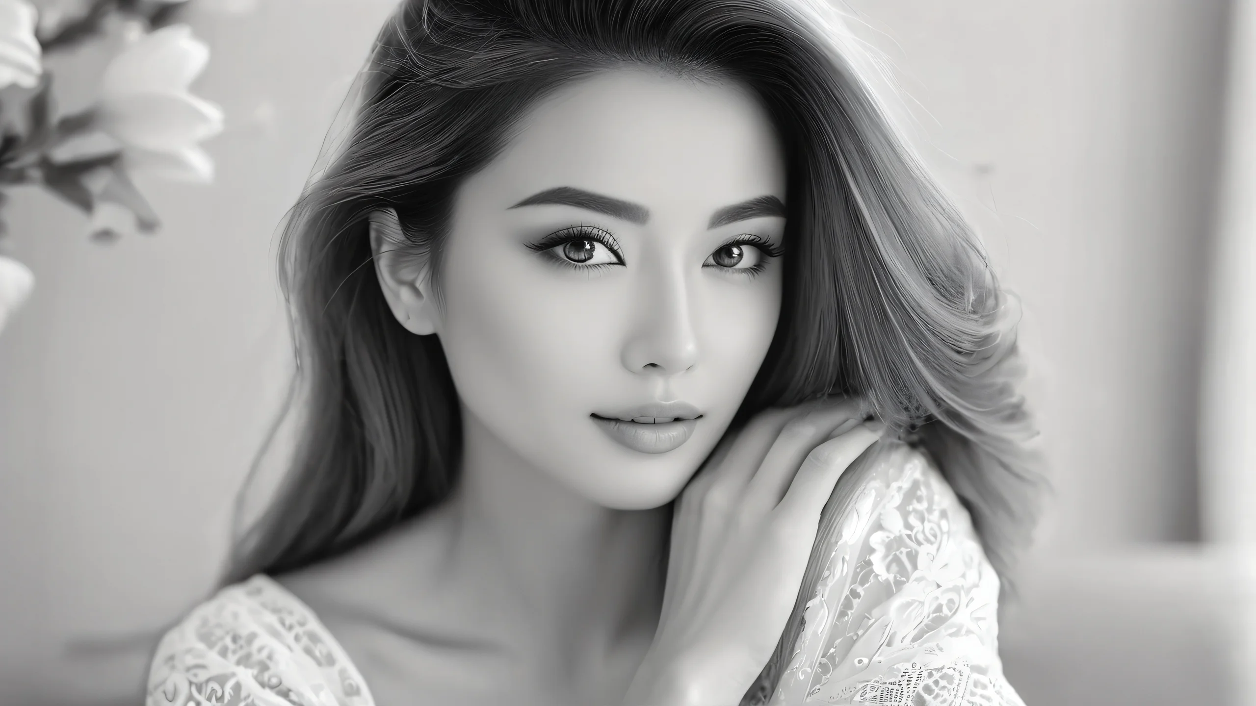 A serene fantasy scene featuring a woman surrounded by soft, calming light and misty mountains in the background.