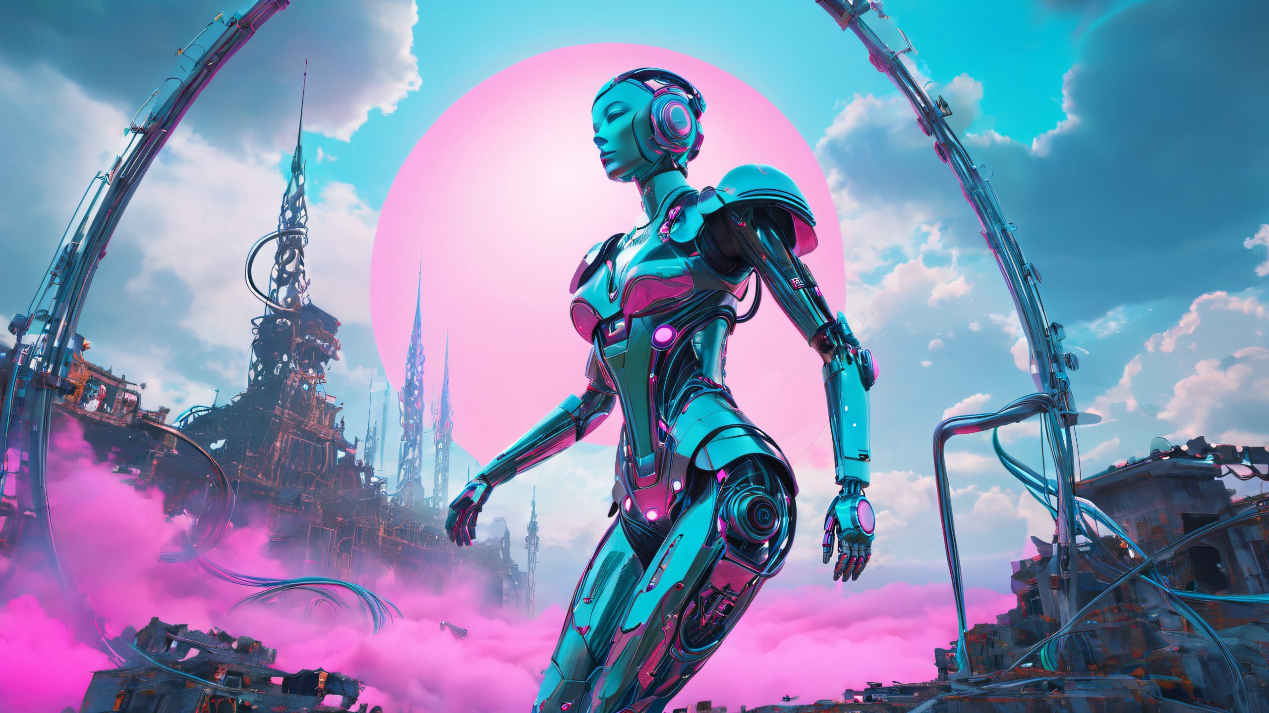 A futuristic humanoid figure rises from a vortex of neon clouds, surrounded by machinery and urban decay, for desktop/pc use.