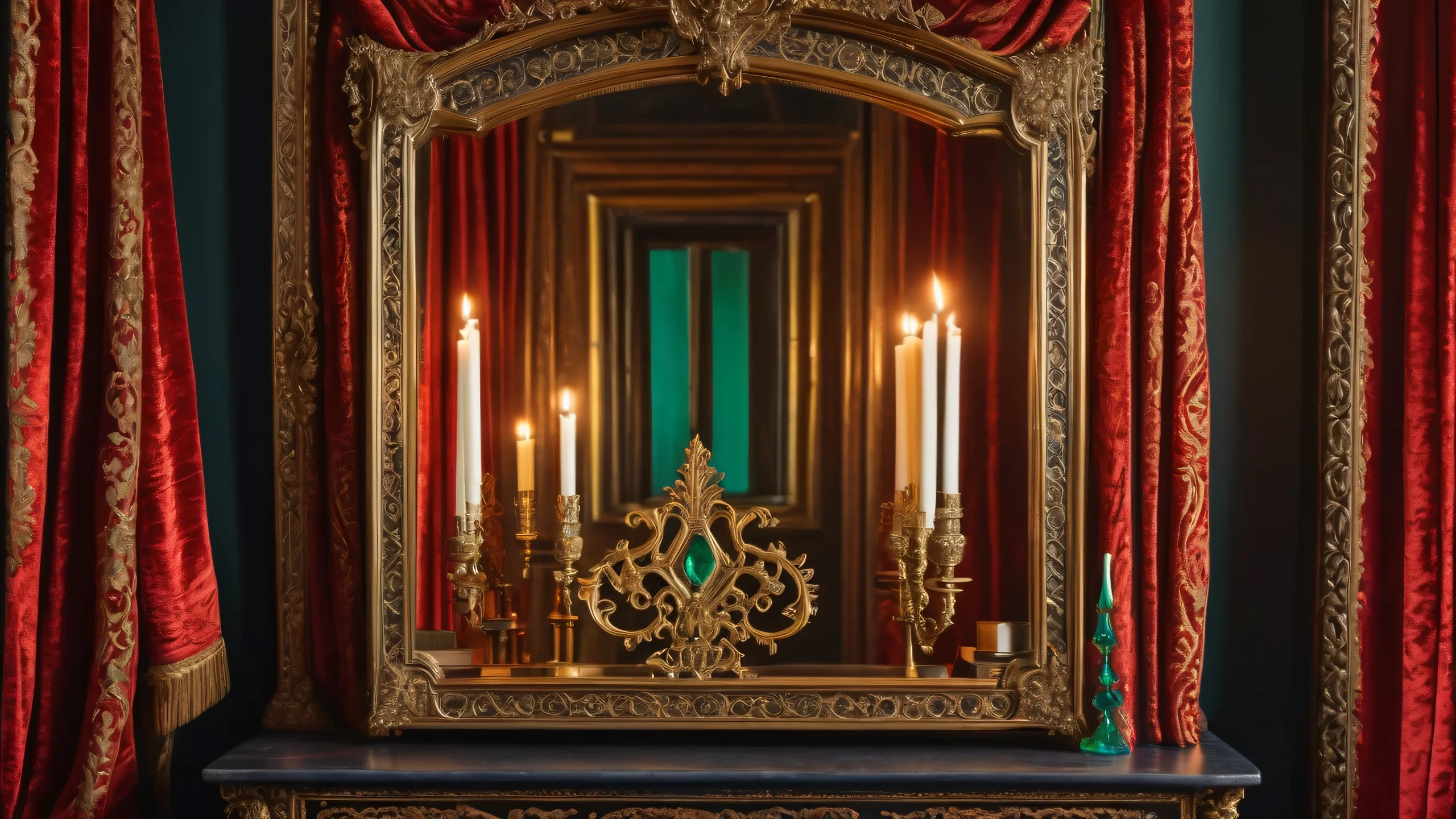 Antique-style mirrors with gold filigree and eerie glow on a dark, mysterious desktop or PC background featuring cobweb-covered candelabras, ancient tomes, and ornate cabinets.