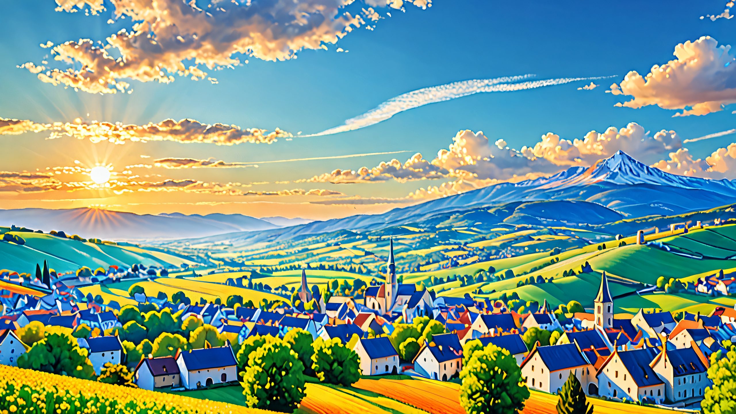 Ethereal Moonlit Village Aesthetic PC Wallpaper Dreamlike landscape with a crescent moon and a medieval-inspired village beneath wispy clouds