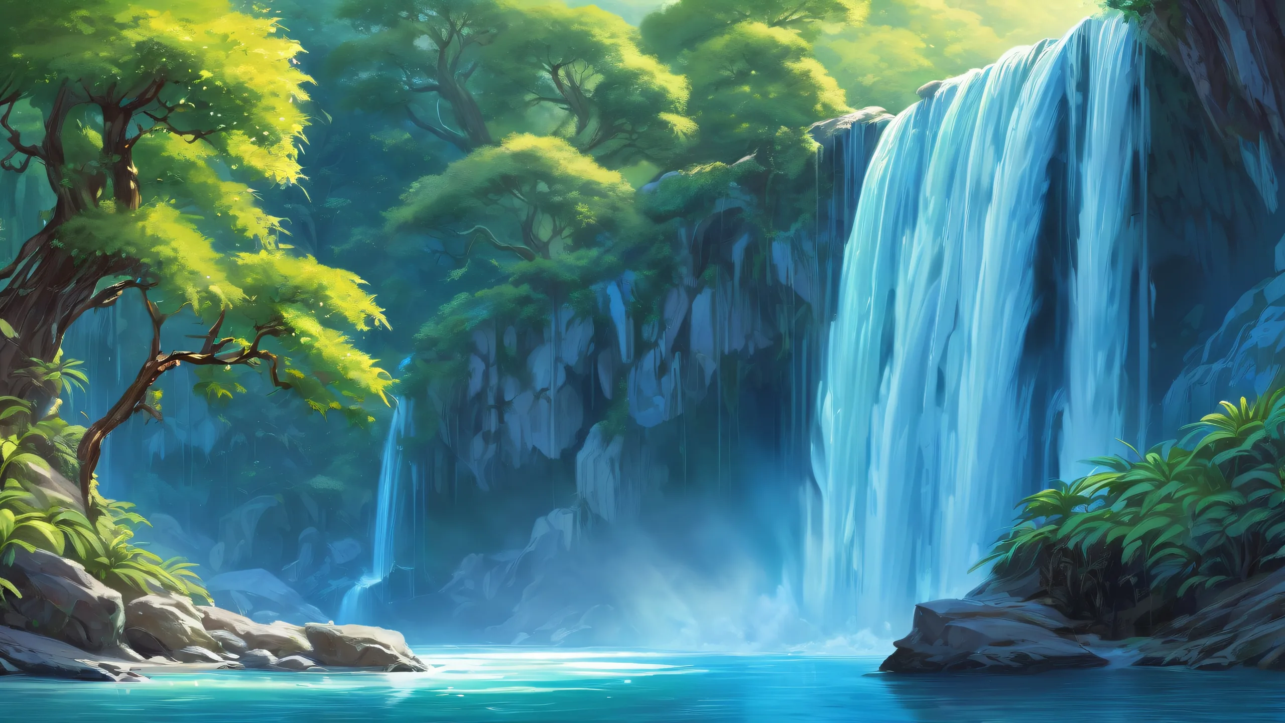 Stunning Ethereal Oasis Awaits Wallpaper A serene waterfall scene for Desktop/PC, featuring a vast pure void, extreme depth of field, and ethereal lighting.
