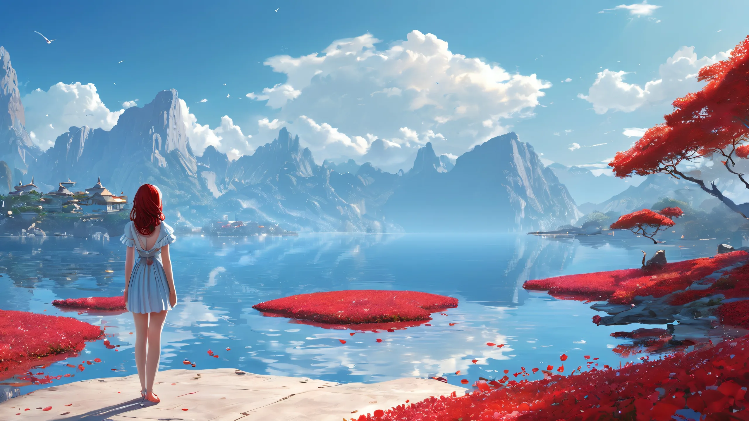 Epic Ethereal Oasis of Wonder Desktop Wallpaper Beautiful girl in a vast, pure void with desktop/pc reflected in her eyes.