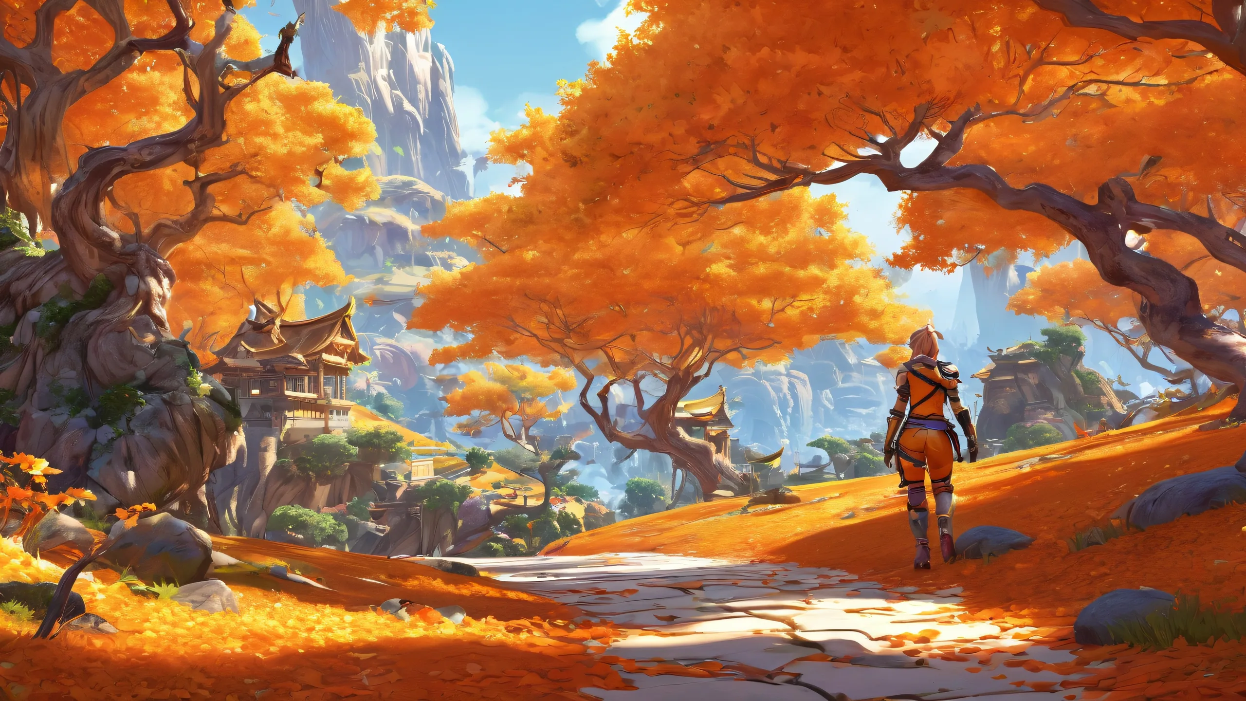 Ethereal Odyssey in Radiant Orange 4K UHD Wallpaper A stunning desktop wallpaper featuring video game characters set against a vast pure void, perfect for a desktop/PC background.