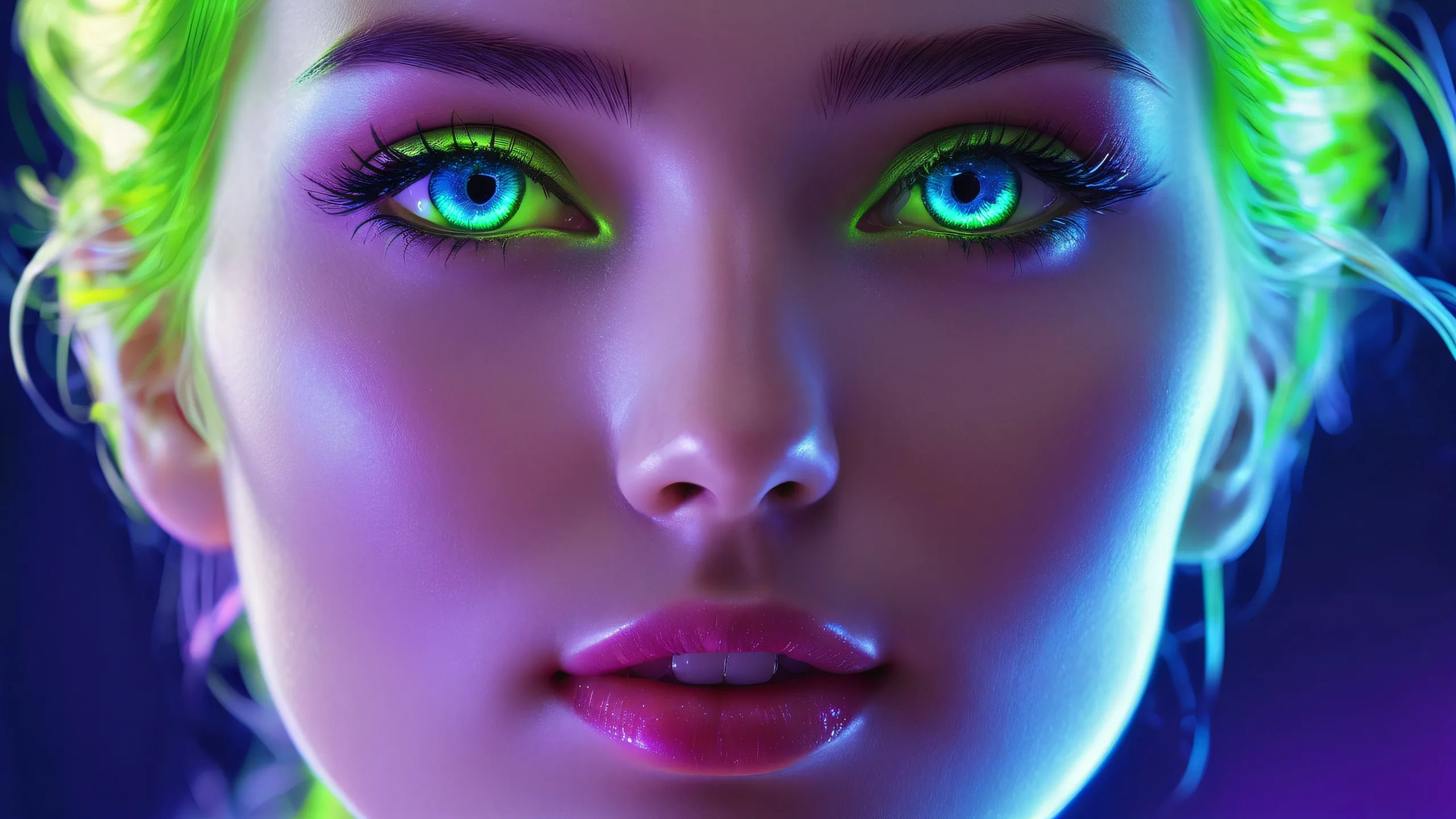 Breathtaking desktop wallpaper of a face in a pure void with radiant, brilliant colors and ray traced reflections for Desktop/PC use.