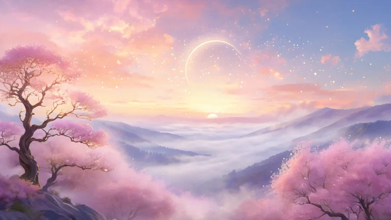 Mystical portal on desktop/pc with swirling clouds and ancient runes, surrounded by dreamlike landscape with wispy clouds and soft hills.