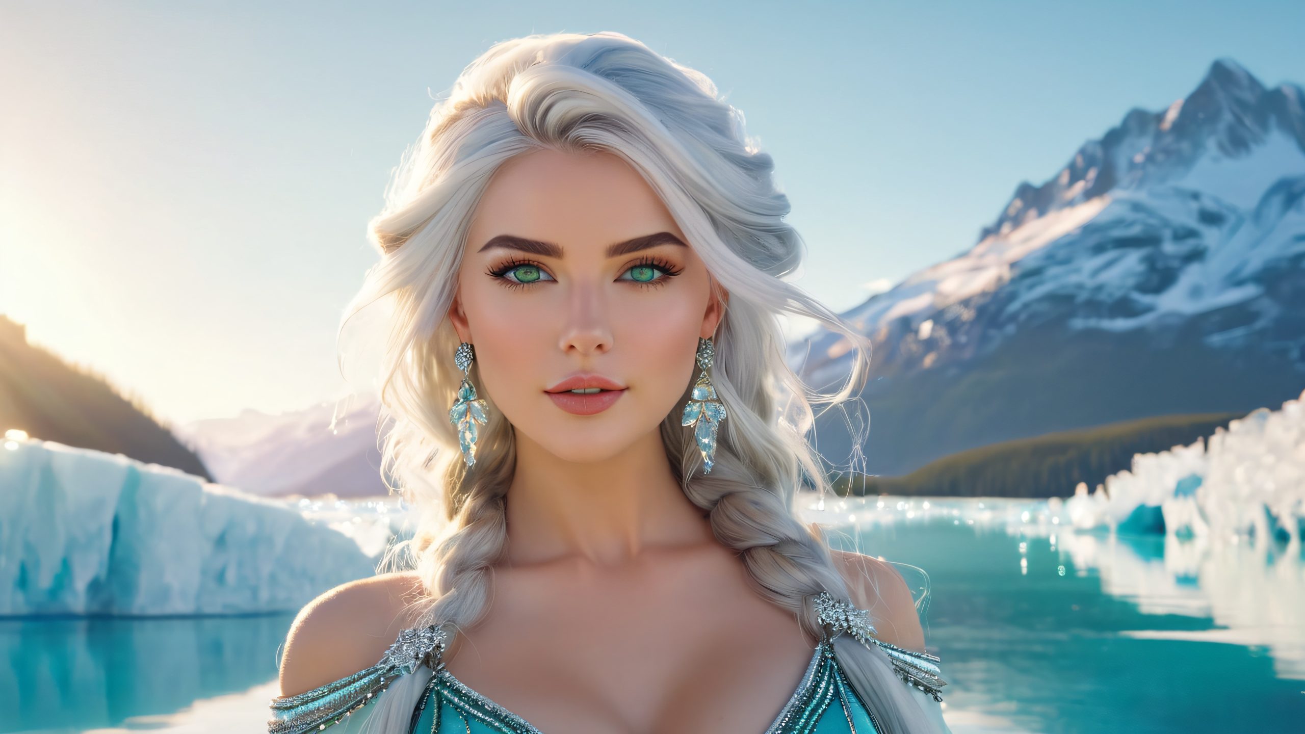 Majestic Taylor Sheraton standing on the edge of a crystal-clear glacial lake, surrounded by towering ice formations, for desktop/pc use