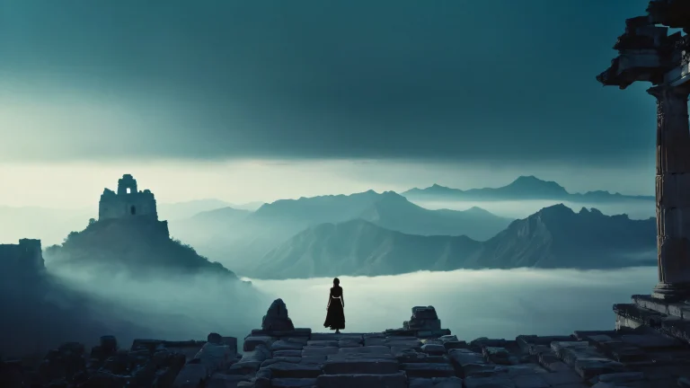 Female figure amidst mystical landscapes with misty mountains and ancient ruins on a dark fantasy fine art photography desktop background for PC.