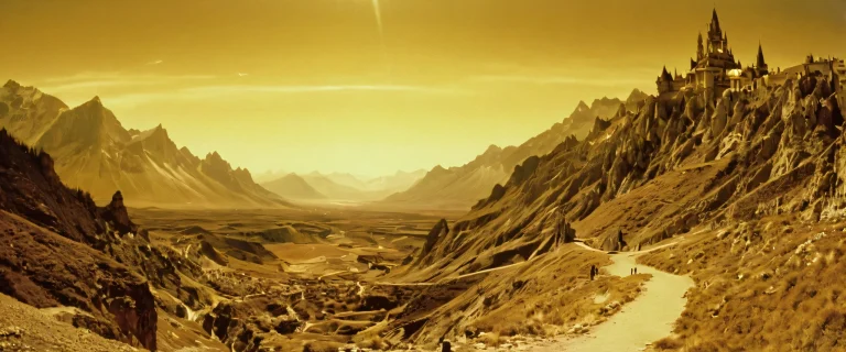 A mysterious and dramatic fantasy world on a 21:9 ultrawide panoramic desktop background featuring organic film grain and subtle halation, PCまたはデスクトップに最適