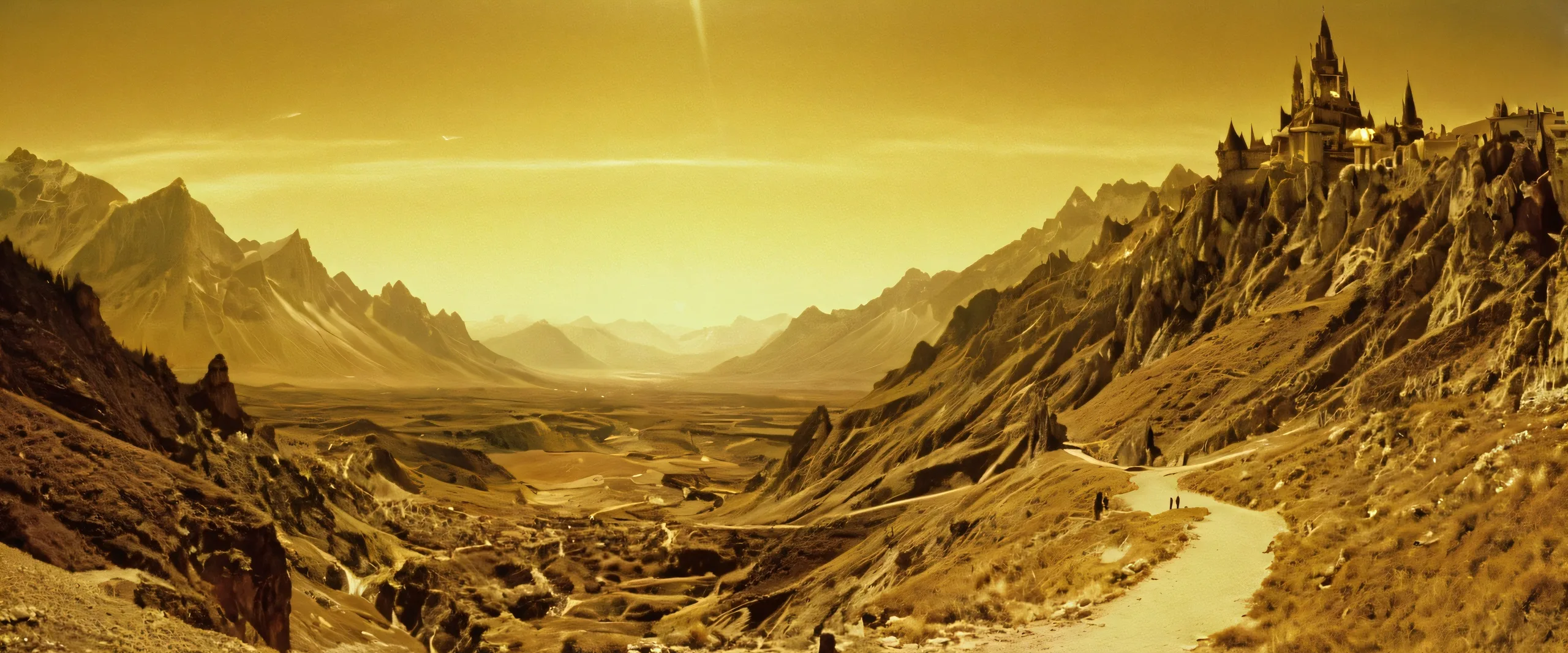 Epic Ethereal Realms of Twilight Desktop Wallpaper A mysterious and dramatic fantasy world on a 21:9 ultrawide panoramic desktop background featuring organic film grain and subtle halation, perfect for PC or Desktop