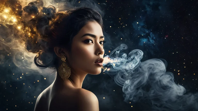Stunning digital art of a woman amidst distant galaxies and smoke on a desktop or PC.